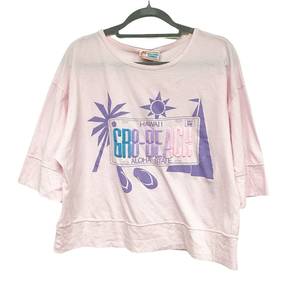 Vintage Pink Cropped Graphic Tee with Purple & Aqua Print